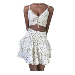 Fashion Nova Ruffle Two Piece Top and Skirt Set Large Cream
